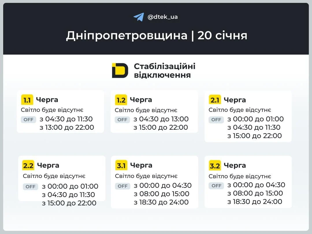 Графік відключення світла у Дніпрі на 20 січня 2026 року